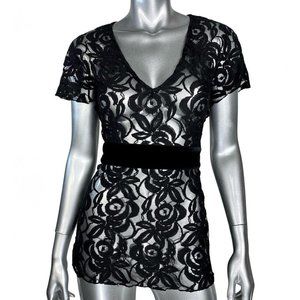 Whitewash Black Lace Velvet Belted Top S